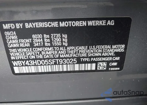 2025 BMW I4 Gran Coupe xDrive40 from USA, damaged, VIN WBY43HD05SFT93025